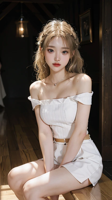 ((Shot in the knee)), Shot from random angles, 22 year old Asian model, Slim, Thin waist, curls, White floral skirt, High waist, Off-shoulder, Warm lamps, Warm colors 纤细双腿, Cross your legs, In the hallway, leaning against the railing, Warm lamps, Warm colors, Dynamic poses, Posing elegantly, Blonde Hair, Striped hair, Hair accessories, Heart-shaped pupil, cosmetic, A faint smile, Shy, Licking lips, , Social realism, Chiaroscuro, Motion Blur, Relief, Sony FE GM, Ultra HD, masterpiece, Textured Skin, Super Detail, best quality