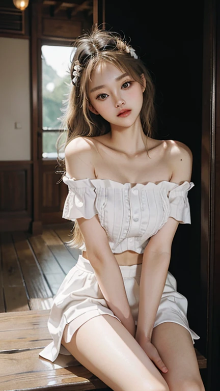 ((Shot in the knee)), Shot from random angles, 22 year old Asian model, Slim, Thin waist, curls, White floral skirt, High waist, Off-shoulder, Warm lamps, Warm colors 纤细双腿, Cross your legs, In the hallway, leaning against the railing, Warm lamps, Warm colors, Dynamic poses, Posing elegantly, Blonde Hair, Striped hair, Hair accessories, Heart-shaped pupil, cosmetic, A faint smile, Shy, Licking lips, , Social realism, Chiaroscuro, Motion Blur, Relief, Sony FE GM, Ultra HD, masterpiece, Textured Skin, Super Detail, best quality