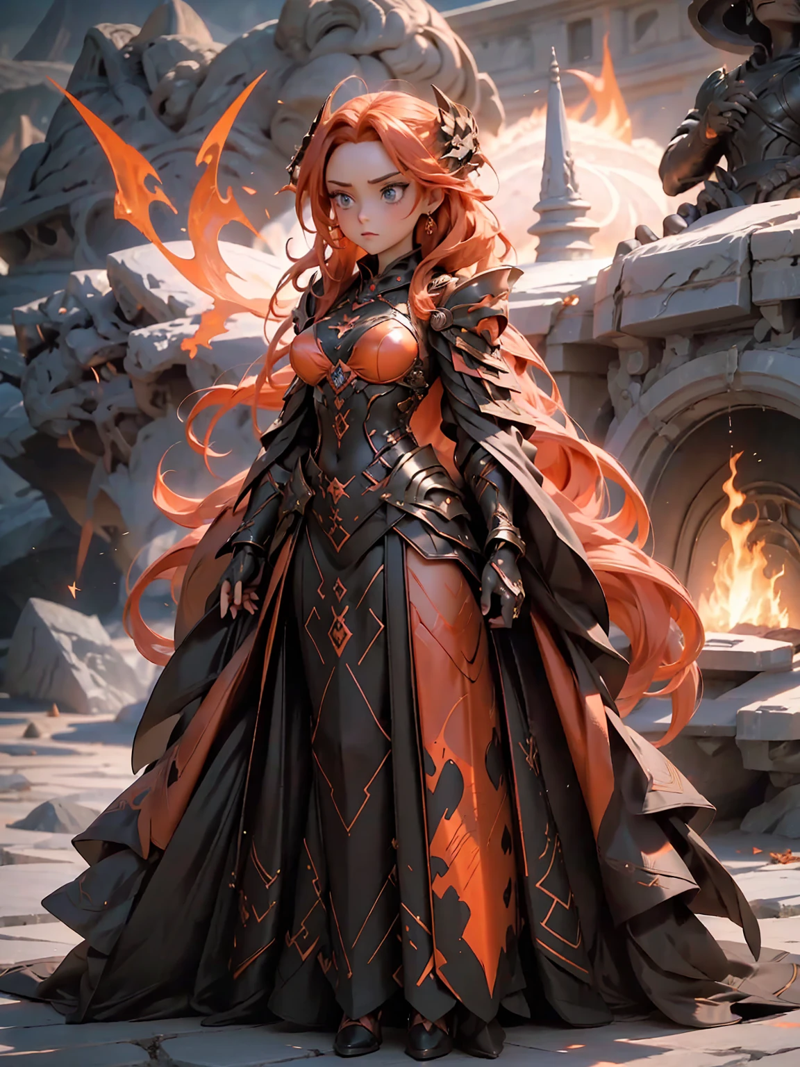 ((full body shot)) of a girl in regal, fire-themed armor with intricate gold and red details, standing in a blazing, volcanic landscape. She has long, flowing fiery red hair and intense, glowing amber eyes. Her skin has a warm, sun-kissed hue, and she is adorned with molten lava-like patterns. She holds a majestic sword engulfed in roaring flames, casting a bright, fiery light. The atmosphere is {intense|majestic}, with lava flows and embers illuminating the scene. The ground beneath her is cracked, molten earth, reflecting the intense light and adding to the fiery ambiance. Surrounding her are jagged rocks and bursts of flame in shades of {red|orange}, casting a fierce, incandescent glow. The background features towering volcanic peaks and a sky filled with ash and smoke, hinting at a powerful, fiery kingdom. The scene is dynamic and awe-inspiring, with her face showing a determined yet regal expression, her eyes focused intently on her blazing domain. [Best quality], [Masterpiece], [Ultra-detailed], [4k], {intense|majestic} atmosphere, fiery kingdom, {dynamic pose|regal pose}, blazing illumination, {soft shadows|dramatic lighting}, {reflected light on molten earth:0.7}, {jagged rocks:0.6}, {bursts of flame:0.5}, {volcanic peaks:0.4}, {ash-filled sky:0.3}.