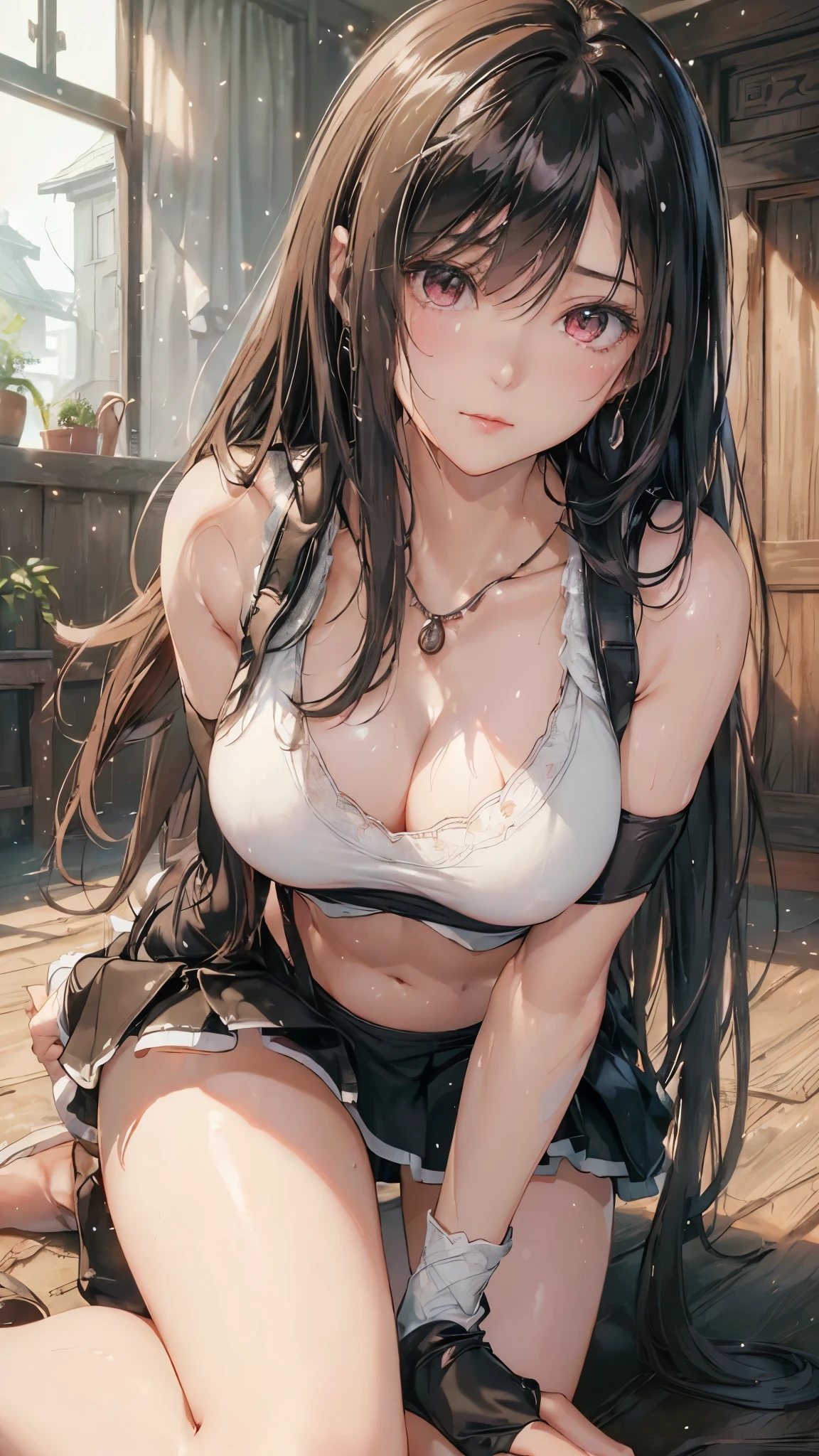 (masterpiece: 1.3), (Maximum resolution: 1.2), (Ultra High Definition TV: 1.2), Cinematic Light, 8k resolution, Detailed facial features , (Sharp focus: 1.2), (Focus on the face:1.2),Perfect Style, Beautiful Face, Acura, Anatomically correct, Two Arms、Tifa Lockhart, Highly detailed face and skin texture, Delicate and beautiful eyes, Glitter Eyeliner: 1 Natural Cheeks, Glowing Skin, Fair skin: 1.2, (Glossy Lips: 1.4),、 (Embarrassed look: 1.2),Highly detailed face and skin texture, The hair is very detailed.、Natural Cheeks, , Glossy Lips: 1.4,Perfect Style、Delicate depiction of hair、The whole body gets wet、Wet underwear、Cleavage、Soft Breasts、(Sperm in the breasts:1.4)(Sperm on thighs:1.4)、 blush、Glaring expression、A humiliating look、Anxious expression、A look of humiliation、Embarrassed look、anger、sorrow、tears、Open your knees、Spread your legs、White bra、Sparkly little earrings and necklace、Disheveled clothes、White panties、sweating、Black Stockings、 (1 girl), Red eyes, Black Hair, Long Hair, Professional Lighting, (Glowing Skin: 1.2), Shiny big, ((Highest quality)), Sharp focus: 1.2, Highly detailed face and skin texture, Detailed eyes, Perfect Face, Perfect body, Blur Art, CG, Big Background , in front (28 years old, 成熟したクールでBeautiful Face), wear (Black skirt with suspenders), Black elbow gloves, White tight shirt, thigh, White tank top),Old ruins、Abandoned house、On the bed、(On my back, ベッドにLying down, ベッドにLying downいる, Lying down, White sheets:)、