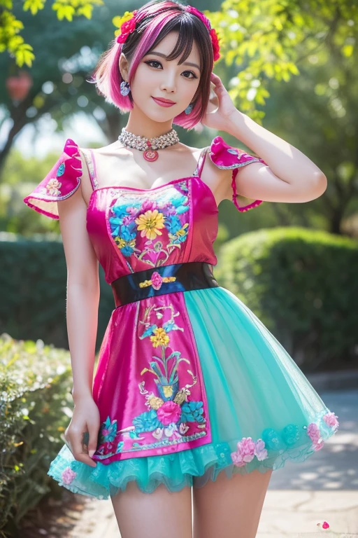 (masterpiece:1.4), (best quality:1.4), ultra high res, ultra high resolution, ((detailed facial features)), HDR, (realistic, photorealistic, photo-realistic:1.37), full body Esbian, sexy Vietnamese model, (-anime), only 1 model, vivid colors, ((vivid colors colorful (pink, lime, light blue) very short hair)), (big smile), lip-gloss, long lashes, defined eyebrows, wearing large sparkling colorful jewelery, wearing a red silk Paradise Kiss cosplay dress with black floral embroidery, ((vivid colors outfit)), vivid colors, look at the camera, cinematic light, large park background with trees, sweet and sexy pose