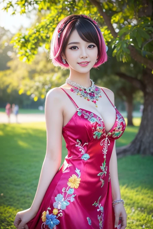 (masterpiece:1.4), (best quality:1.4), ultra high res, ultra high resolution, ((detailed facial features)), HDR, (realistic, photorealistic, photo-realistic:1.37), full body Esbian, sexy Vietnamese model, (-anime), only 1 model, vivid colors, ((vivid colors colorful (pink, lime, light blue) very short hair)), (big smile), lip-gloss, long lashes, defined eyebrows, wearing large sparkling colorful jewelery, wearing a red silk Paradise Kiss cosplay dress with black floral embroidery, ((vivid colors outfit)), vivid colors, look at the camera, cinematic light, large park background with trees, sweet and sexy pose