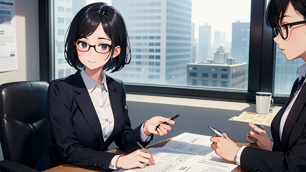 A 31-year-old female office worker with short black hair and glasses wearing a suit and explaining a document in front of 10 meeting participants