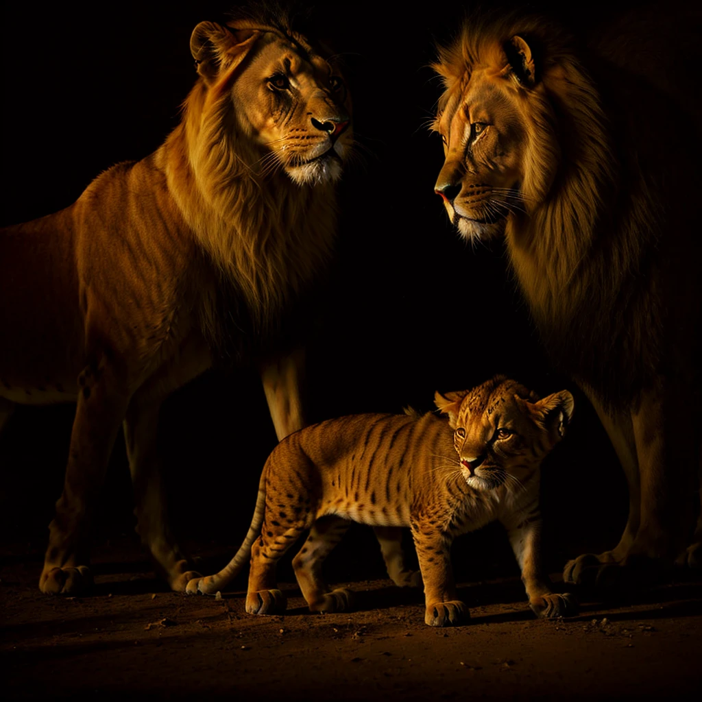 A Lion with blood on his body sitting with his cub and lighting in background in a dark sky and shadow of lion and cub is dangerous