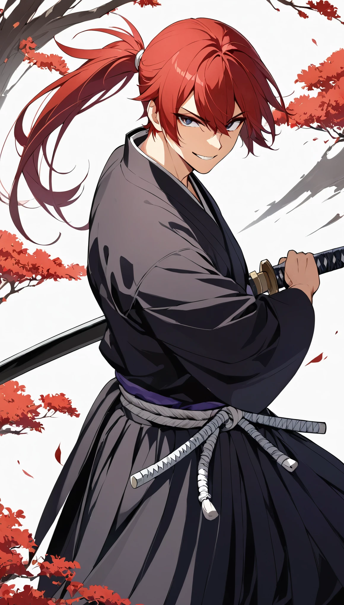 red hair, front ponytail, evil smile, anime, drop shadow, high quality, highres, best quality, masterpiece, A young samurai, a ronin, a boy wielding a sword, Iaido, 