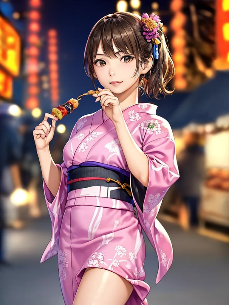 (Highest quality、8k、32K、masterpiece)、(Realistic)、(Realistic:1.2)、(High resolution)、Very detailed、Very beautiful face and eyes、(((Women's Solo Shot)))、Tight waist、(Highest quality、Attention to detail、Rich skin detail)、(Highest quality、8k、Oil paints:1.2)、(Realistic、Realistic:1.37)、Bright colors、(((Cowboy Shot)))、(((Bob Hair)))、(((Medium Hair)))、(((Side Ponytail)))、(((I'm a little angry)))、(((Brown Hair)))、(((She is wearing a yukata with a fireworks pattern.)))、(((Black and pink yukata)))、(((Summer Festival at Night)))、(((Arms crossed、Standing with your legs apart、)))、(((crowd)))、(((Lined with food stalls)))