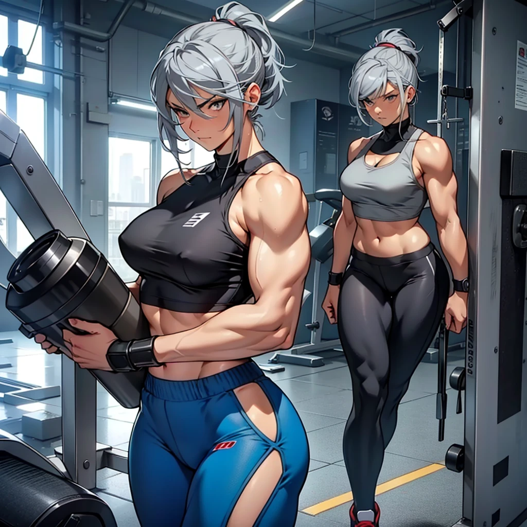 Woman with gray hair and blue highlights, grey eyes (muscular) curves (expression of contempt) gym trainer tank top. attractive woman. great figure. full body. Entire character