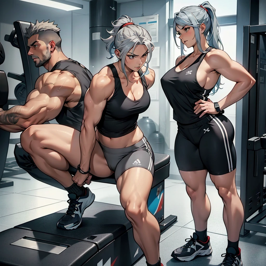 Woman with gray hair and blue highlights, grey eyes (muscular) curves (expression of contempt) gym trainer tank top. attractive woman. great figure. full body. Entire character