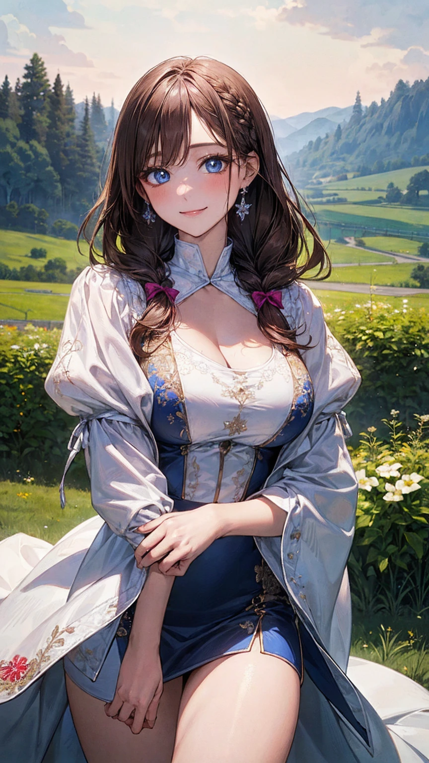 ((Highest quality)), ((High resolution)), ((masterpiece)), (detailed),
View your viewers, Cowboy Shot, Written boundary depth, Anatomically correct, １people々, woman, Perfect Face, Cute and symmetrical face, Glowing Skin,
(Long Hair, Braided hair, Chestnut Hair), blue eyes, Long eyelashes, (Big Breasts:1.1),
Beautiful details, Beautiful Hair, Beautiful Face, Beautiful clavicle, Beautiful body, Beautiful breasts, Beautiful thighs, Beautiful legs,
(Dale, Delicate embroidery),
(Beautiful views), grassland, gel, (Cute Smile),