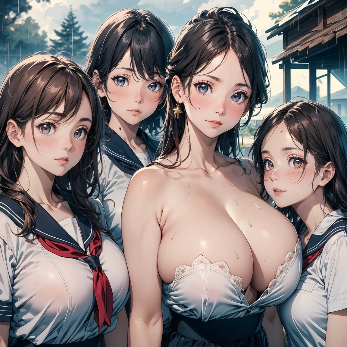 Highest quality, Super detailed, (Ultra-high resolution,8k), Ultra-high definition 4K, (Perfect Anatomy, Anatomically correct), (Five neat and clean married women), (Beautiful Eyes), (Detailed eyes), (High-quality facial beauty), (In the Storm:1.2), (Photorealistic), (Detailed big breasts), Soft Skin, Glowing Skin, (School Sailor Uniform), Bright lighting, Very heavy rain, (Five Sensual Housewives), colorful, Goddess-like beauty