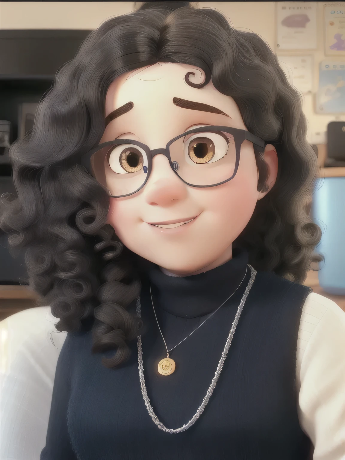 A young white woman, a little fat, with black curly hair, wearing glasses, voluminous lips, small eyes with lots of eyelashes, disney pixar style, high qualiy, best qualityer.