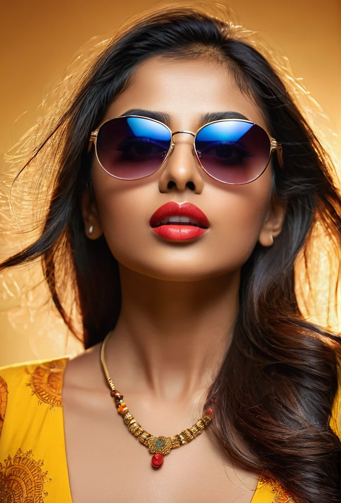 Indian women wearing sun glasses, detailed portrait, sharp focus, high resolution, photorealistic, beautiful detailed eyes, beautiful detailed lips, extremely detailed face, longeyelashes, fresh and agile look, stylish outfit, dynamic pose, studio lighting, vivid colors, professional photography