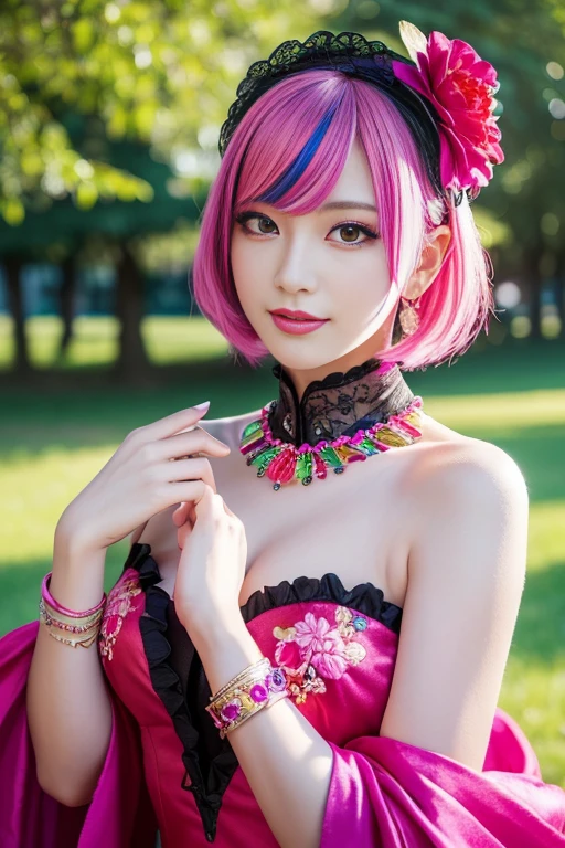 (masterpiece:1.4), (best quality:1.4), ultra high res, ultra high resolution, ((detailed facial features)), HDR, (realistic, photorealistic, photo-realistic:1.37), full body Esbian, sexy Swedish model, (-anime), only 1 model, vivid colors, ((vivid colors multicolor (fuchsia, pink, light purple) very short hair)), (big smile), lip-gloss, long lashes, defined eyebrows, wearing large sparkling colorful jewelery, wearing a red silk Paradise Kiss cosplay dress with black floral embroidery, ((vivid colors outfit)), vivid colors, look at the camera, cinematic light, large park background with trees, sweet and sexy pose