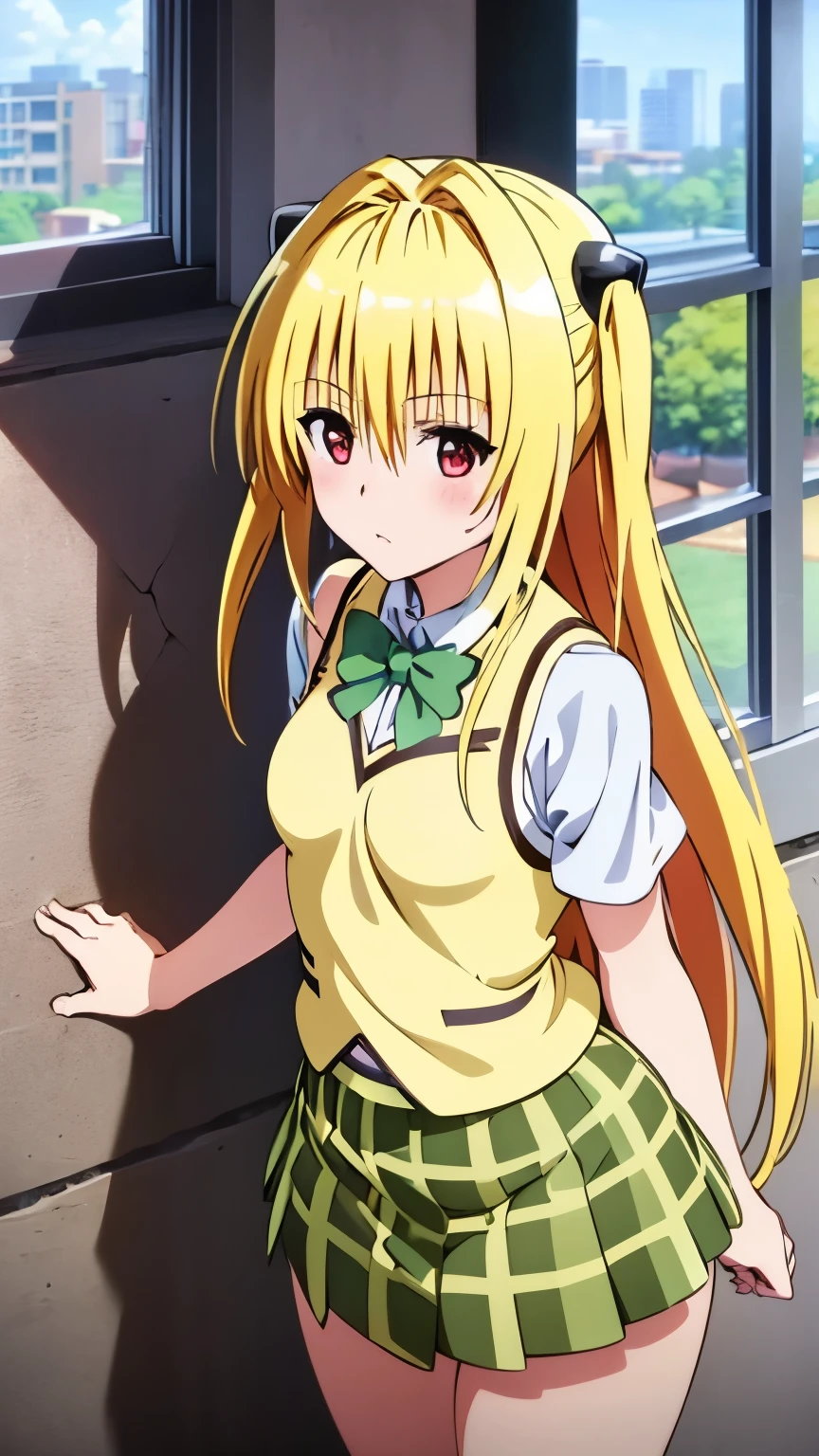 (anime),(1girl),(alone), konjiki no yami, (alone), long hair, taiyaki, blonde hair, hairpins, red eyes, very long hair, hair shots, looking at viewer, , (green bow tie:1.1) , (white shirt:1.2), vest, (yellow vest:1.4), (short sleeves:1.2), (plaid skirt:1.3), (green skirt:1.3), (small medium breasts:1.2), narrow waist, wide hips, wide thighs ,round butt, leaning forward, hair between eyes, blush, hair ornament, two sides up, bangs, cowboy shot, dynamic stance, ultra detailed, detailed eyes, sharp focus, masterpiece, stoic expression, blushing ,bare shoulders, standing,outdoor, day, clouds, Japanese school, (leaning on the wall:1.5), (patio view:1.5), (window:1.5), (hallway:1.5), perfect hands, perfect anatomy, floating hair, to love- ru, looking forward,((focus on breasts)),pov(from above),perfect anatomy,perfect hands