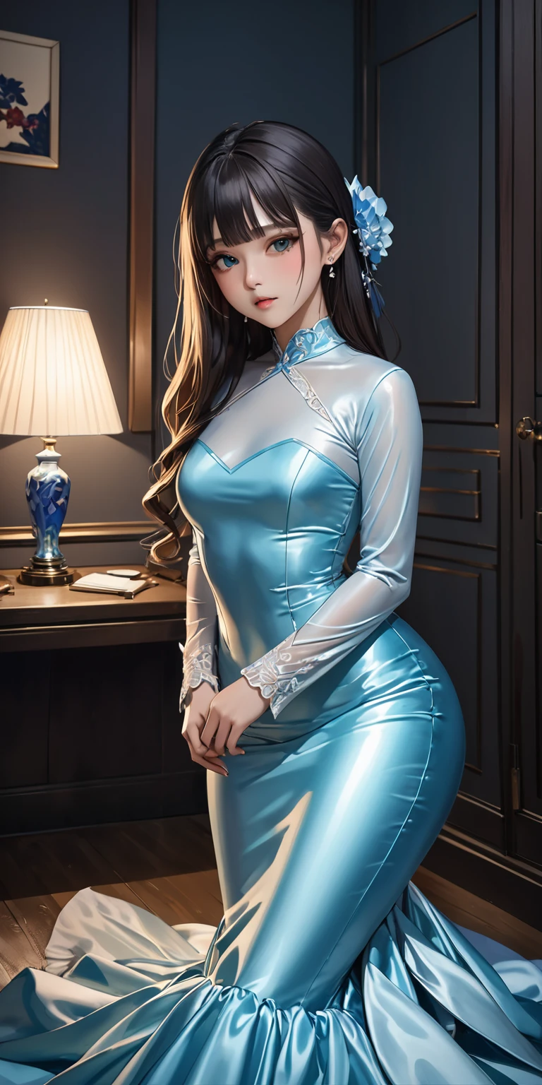Portraiture、(masterpiece,Highest quality,Ultra-high resolution),Japanese women, (((Very beautiful 25 year old girl))),She is wearing a shiny light blue satin long sleeve dress..、The upper half of the dress is a simple design that does not expose any bare skin..、Skirt only mermaid style、The dress is made of a very shiny fabric.、Dark Room