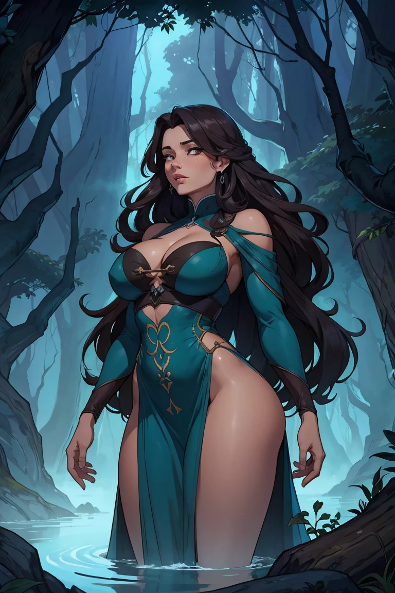 Maokai si il était une femme, maokai est un tréant, treant, îles obscure, brume, brumeuse, Vetement avec du bois, aura bleue autour d'elle, esprit de la nature, rongé par la colère, Incarne la vengeance, aspect bois, abrisseau vivant dans une main