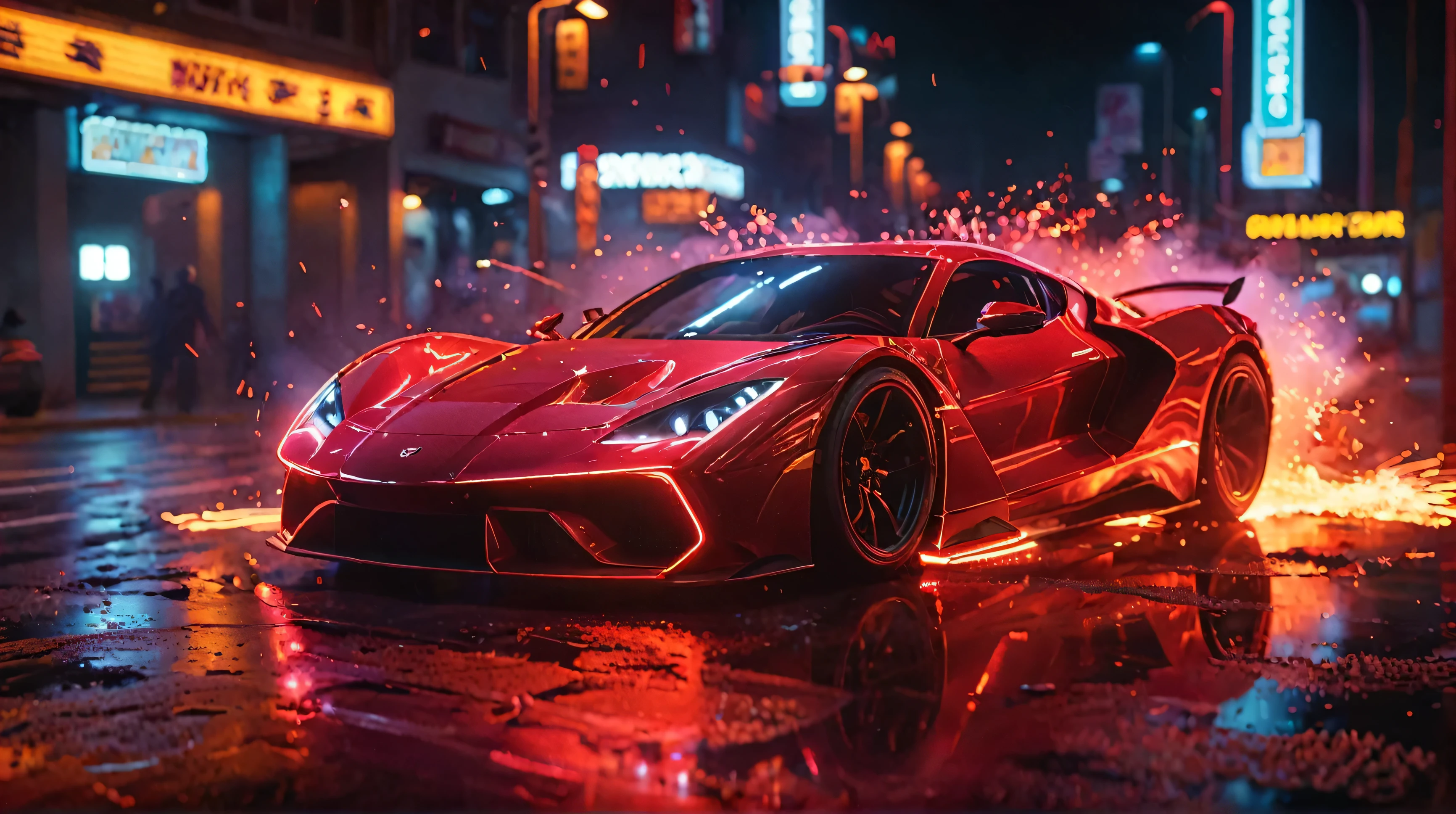 red sports car,glowneon, cinematic film still, sports car emitting sparks, red, red car, red sports car, car is drifting