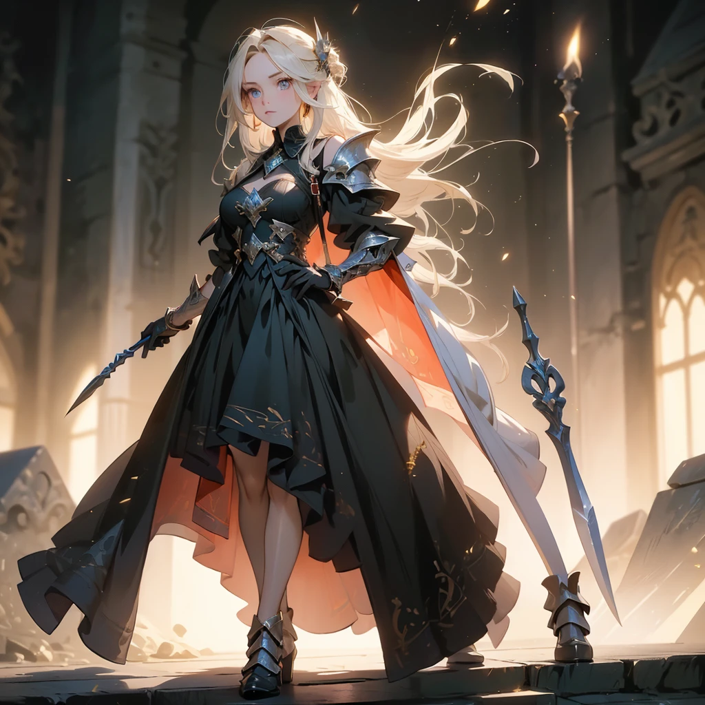 Design a layout showcase Gaming character, (1girl). Golden+Purle clothes, stylish and unique, ((showcase weapon:1.4)), magic staff, (masterpiece:1.2), (best quality), 4k, ultra-detailed, (Step by step design, layout art:1.5), (luminous lighting, atmospheric lighting), magican, ((glove full hands)), (((revealing clothes:1.3))), vambraces, armored legwear, (((full_body_shot:1.4)))