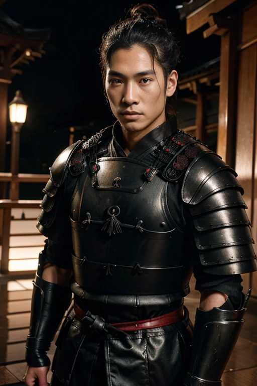 Samurai armor, Japanese handsome guy, Japanese a bulky male, wet body, top-knot hairstyle, park sharp eyes, Full Frame, Professional Lighting, dark Japanese temple background.