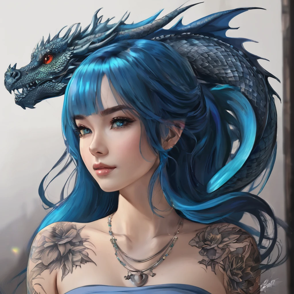 Blue,skyblue, beautiful female, long hair,blue hair,.BREAK. with a tattoo name "Riiid" in her chest
Head to waist, tattoo,dragon tattoo, crown,
(Dragon in the background)
 Drangon background.  Dragon Tattooed, 