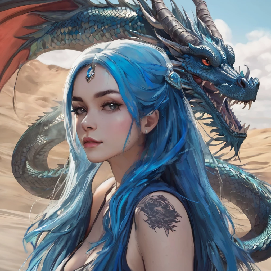 Blue,skyblue, beautiful female, long hair,blue hair,.BREAK. with a tattoo name "Riiid" in her chest
Head to waist, tattoo,dragon tattoo, crown,
(Dragon in the background)
Drangon background. Dragon Tattooed,