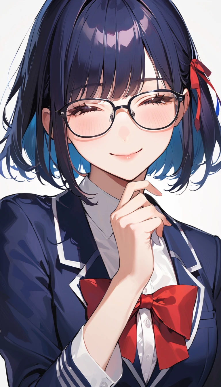 A high school girl with black short bob hair, Glasses,Red ribbon,wearing a navy blazer ,Wipe away the overflowing tears with one hand,smile,
