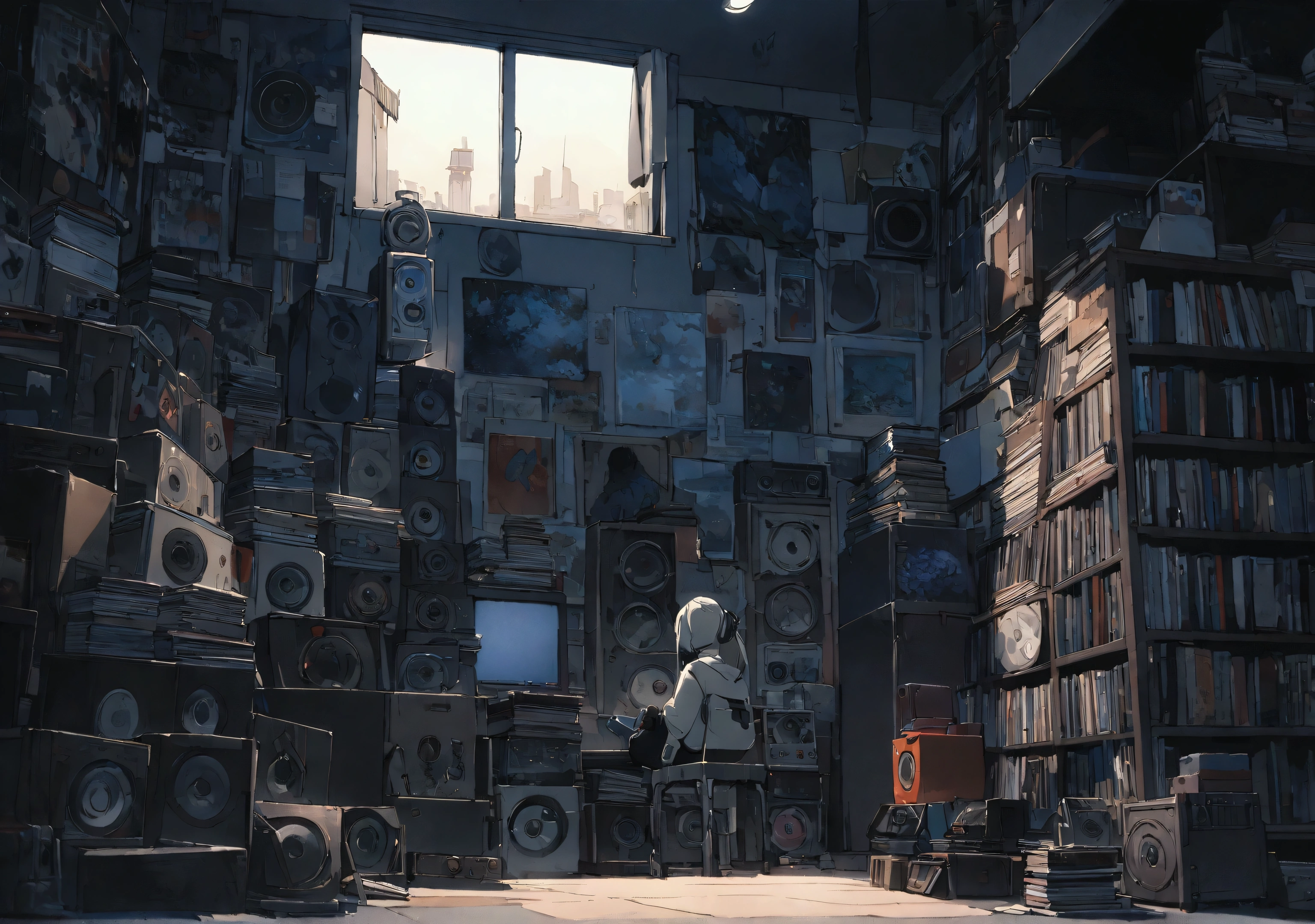 ヘッドフォンをつけて音楽を聴いているrobotット,Android、robot、Mechanic、techno、machine、 Very detailedな, evening, sad mood, Bright light coming through the window, Night view, , 2D, (Shot from a distance), Wide Shot, (Noise from the film), Old cartoons, (Many records: 1.3), Record Store, (masterpiece, Very high quality, Very high quality, Official Art, beautifully、beautiful: 1.2), (Very detailed, (Fractal Art: 1.4 ), (Note: 1.4), (Lo-fi hip hop), Side view, Old Anime Texture, speaker