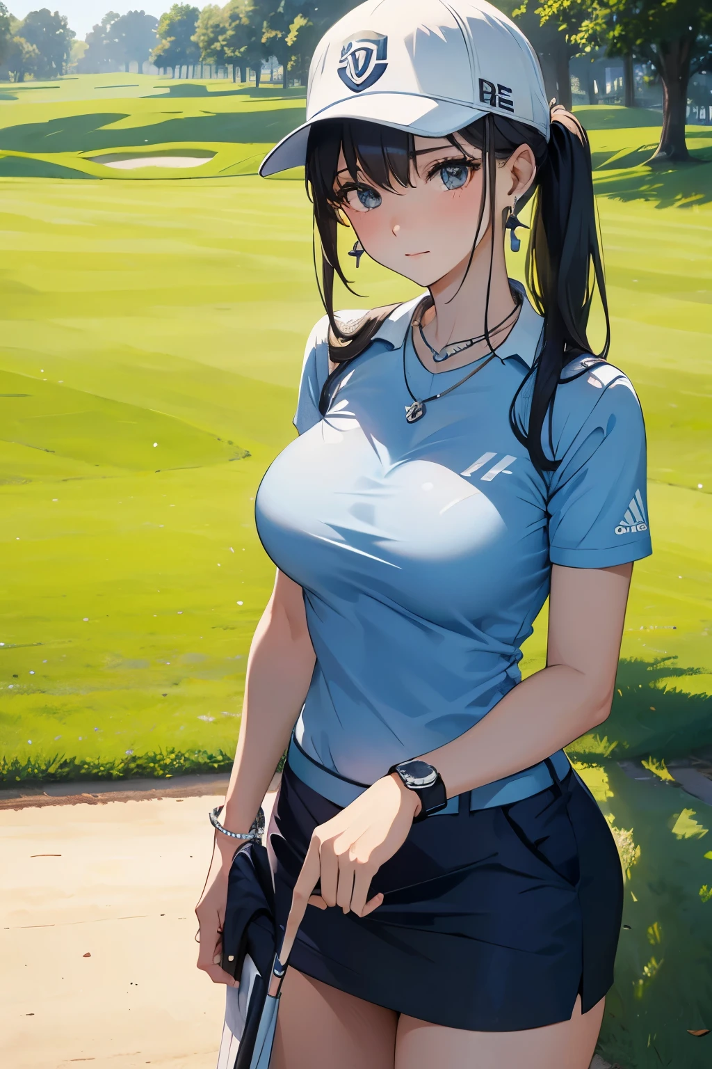 Beauty、Golf Players、Golf Wear、Stylish、Fleshy ladies、Earrings、Innocent expression、cute、necklace、Large breasts