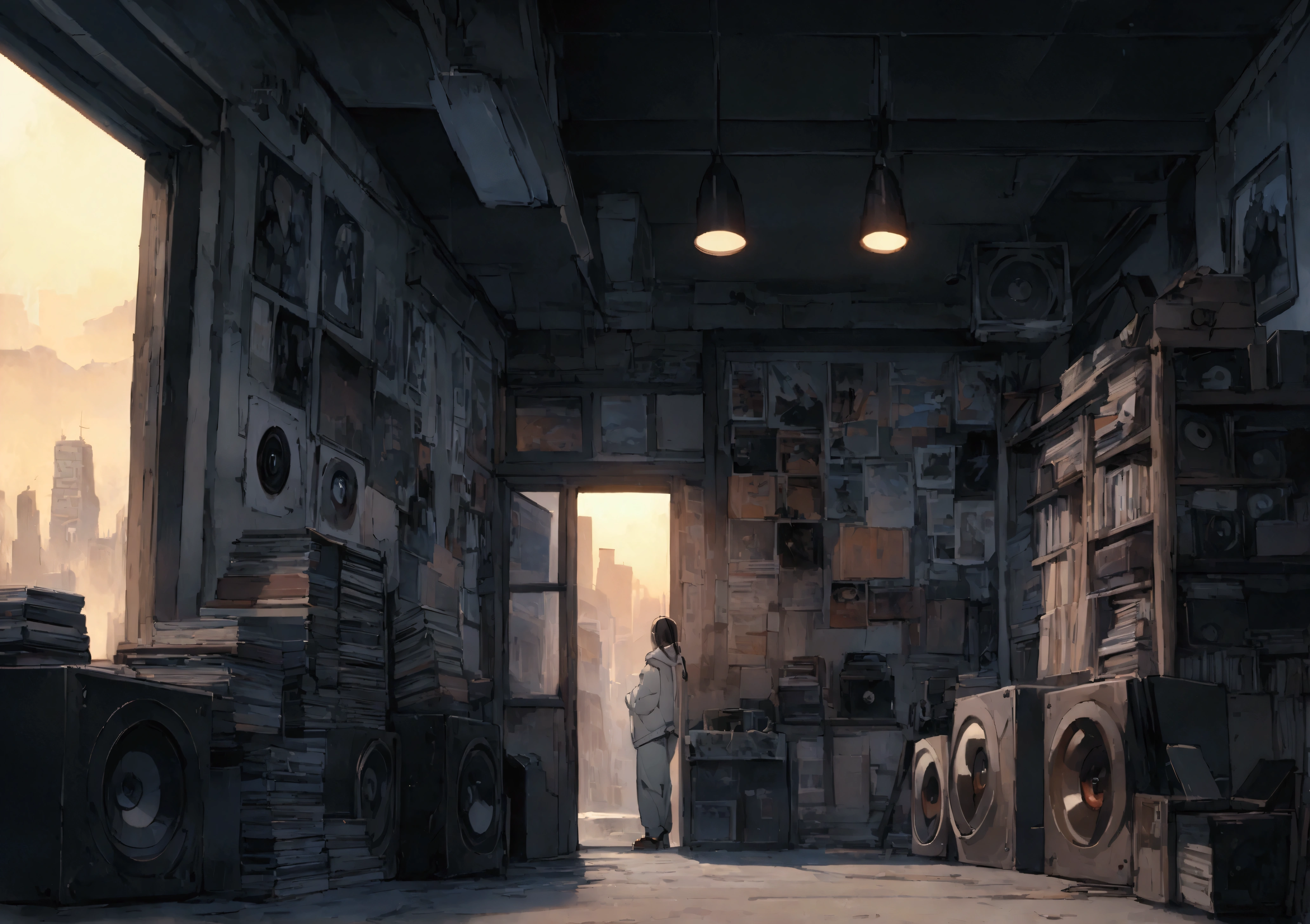 ヘッドフォンをつけて音楽を聴いているrobotット,Android、robot、Mechanic、techno、machine、 Very detailedな, evening, sad mood, Bright light coming through the window, Night view, , 2D, (Shot from a distance), Wide Shot, (Noise from the film), Old cartoons, (Many records: 1.3), Record Store, (masterpiece, Very high quality, Very high quality, Official Art, beautifully、beautiful: 1.2), (Very detailed, (Fractal Art: 1.4 ), (Note: 1.4), (Lo-fi hip hop), Side view, Old Anime Texture, speaker