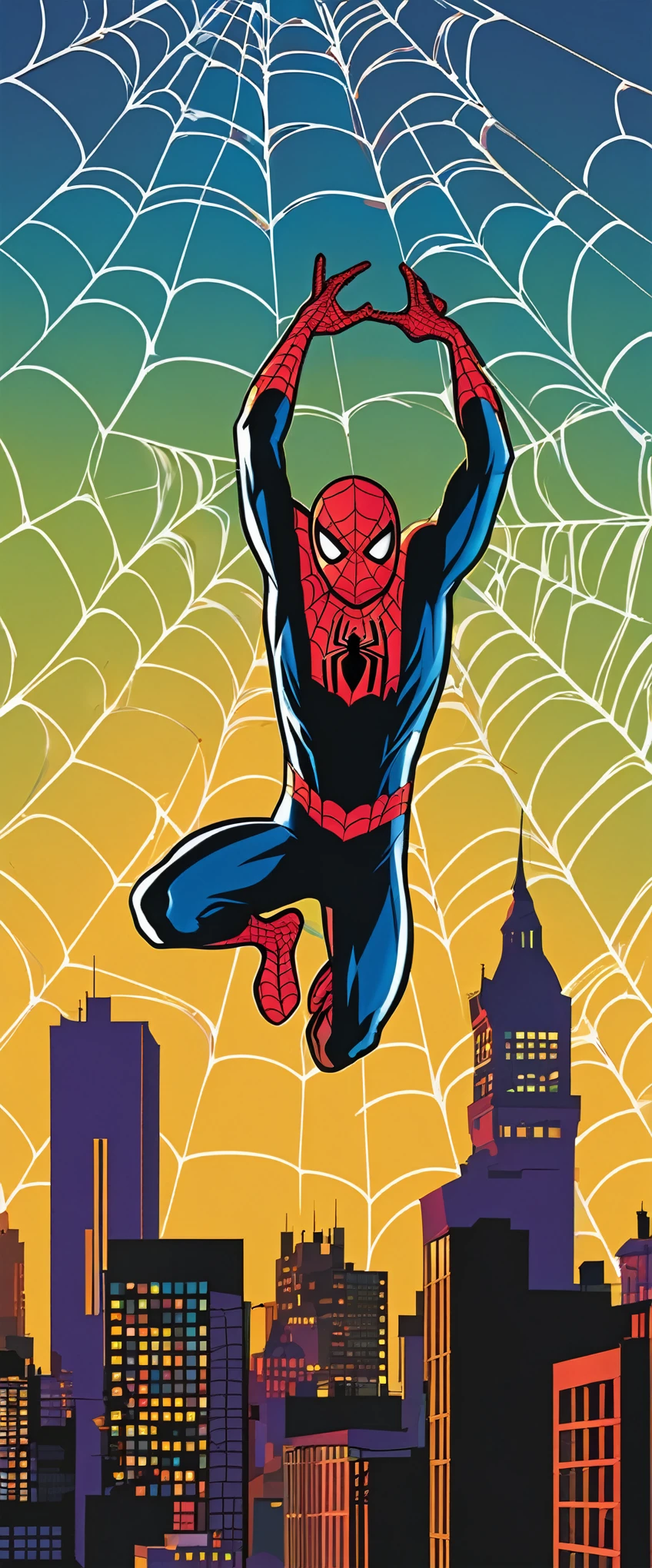 Vector art,Vector Flat,Dynamic depiction of Spider-Man through avant-garde pop art,spiderweb,Spider&#39;s Thread,(((Hand,detailed,perfect,perfection,hands))),(Accurate hand drawing)