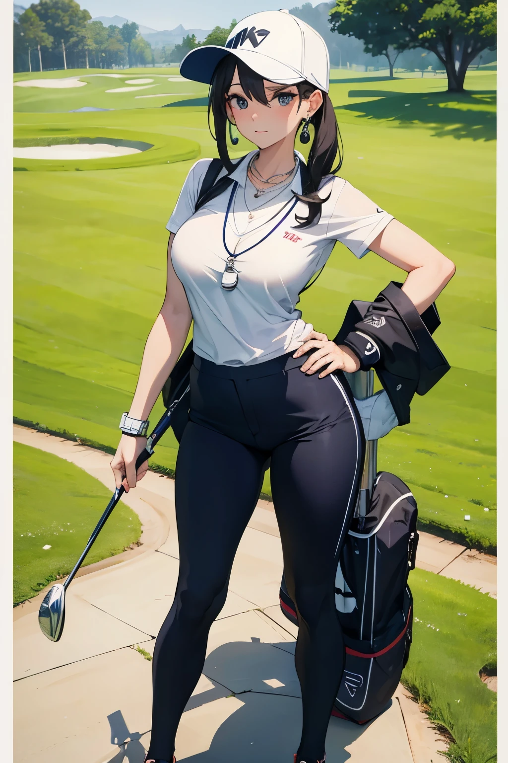 Beauty、Golf Players、Golf Wear、Stylish、Fleshy ladies、Earrings、Innocent expression、cute、necklace、Large breasts