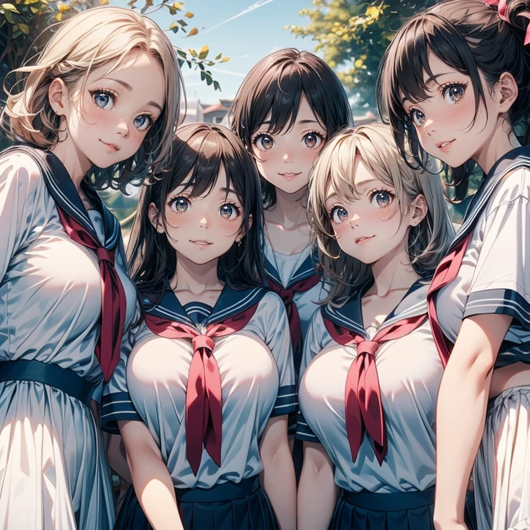 Highest quality, Super detailed, (Ultra-high resolution,8k), Ultra-high definition 4K, (Perfect Anatomy, Anatomically correct), (バカンスを満喫する5 cute girls), (Beautiful Eyes), (Detailed eyes), (High-quality facial beauty), (Summer sunshine:1.2), (Photorealistic), (Detailed big breasts), Soft Skin, Glowing Skin, (High school sailor uniform), Natural light, Playing in a happy mood, (5 cute girls), Goddess-like beauty