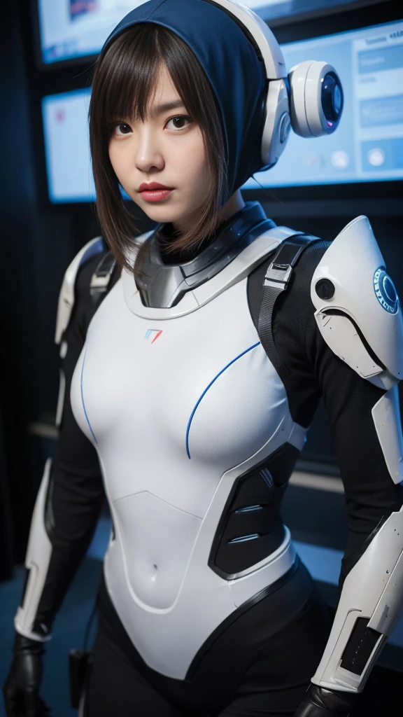Close-up of a person wearing a head covering., Alien Armor, Sci-fi set, Outfit with blue accents, Porcelain cyborg armor, glowing line cracks in armor, cybersuits, Science fiction series, sci-fi armor, sci-fi armor, Infinity Blade Armor, Sophisticated cyborg armor, Bring a detailed space suit., Warframe Armor