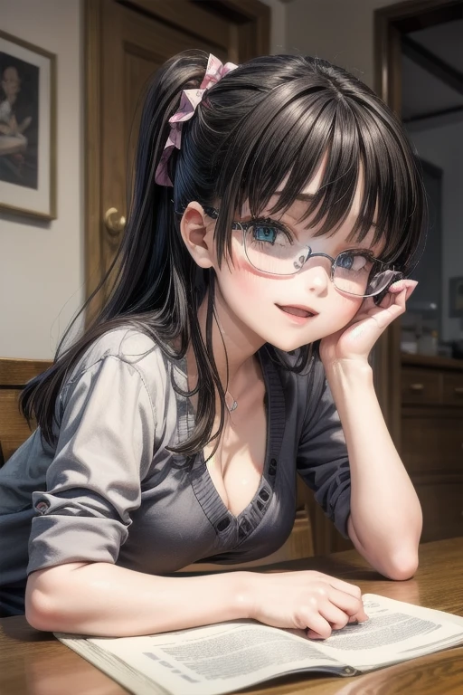 (Tabletop:1.0), (highest quality:1.4), (High resolution:1.2), From the side,Sharp contours, boyish, highest quality, masterpiece,Glasses,Voice of the Heart,20-year-old woman,yandere,Big Breasts,Chest to chest,Lying face down,Upper Body,Ecstasy,saliva,blush,Squint your eyes,Heterochromia iridis,Tuck up your clothes,lure,