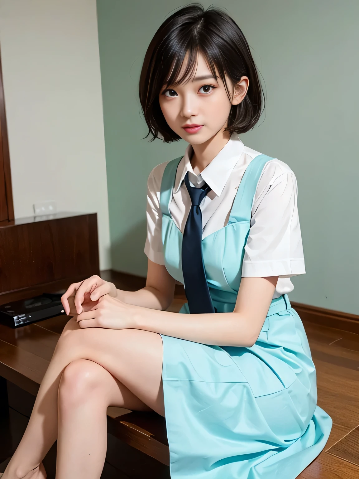 Highest quality、Figures、One people、Cute Girls、sexly、Slender、Red tie、Open front dress shirt、Green exy very detailed、Fine details、Slim Body、Slender、Japanese Girls２people、High resolution、8k、wallpaper、Perfect dynamic composition、Beautiful fine details、Short Bob Hair、Big natural color lip、大胆なsexlyポーズ、smile、Cold Stare、18 year old girl、Cute、Lolita、Good eyesight、whole body、Light blue wall、smile、