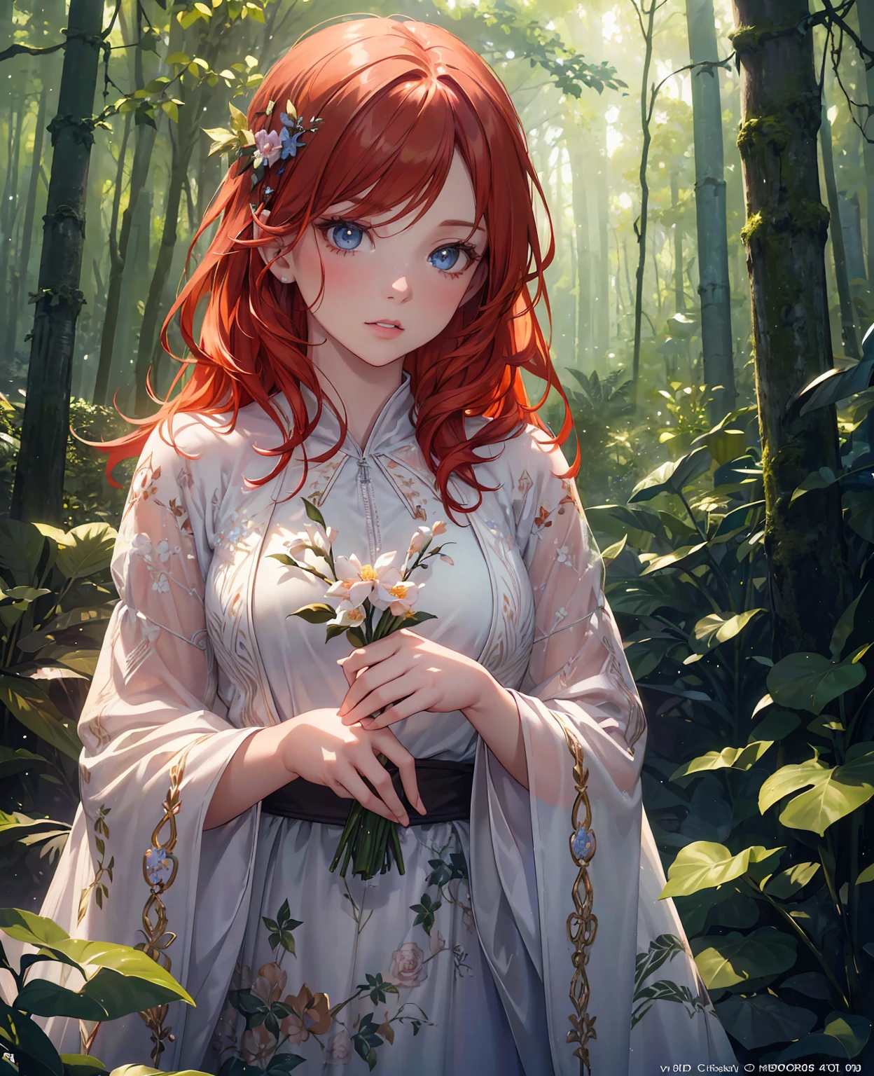 A beautiful redhead girl in a forest hood, detailed eyes, delicate lips, long eyelashes, forest fairy, intricate floral patterns, fantasy, (best quality,4k,8k,highres,masterpiece:1.2),ultra-detailed,(realistic,photorealistic,photo-realistic:1.37),vibrant colors,cinematic lighting,dramatic chiaroscuro,digital painting,concept art