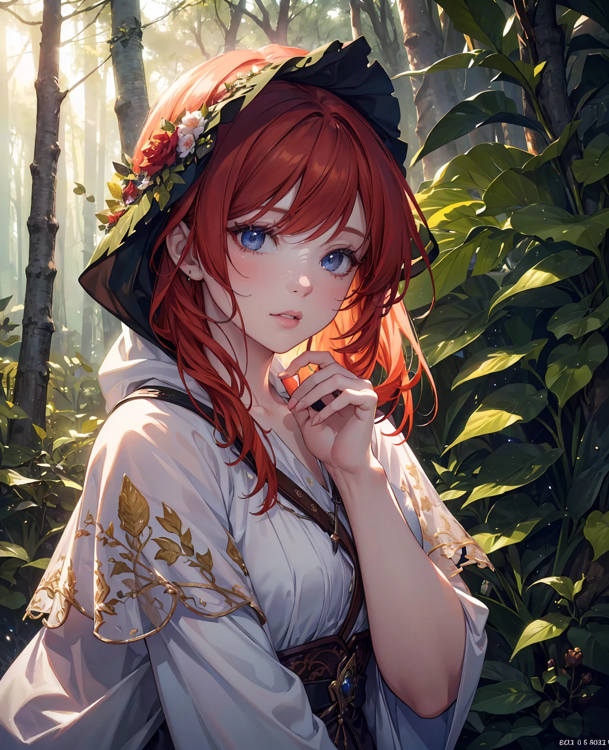 A beautiful redhead girl in a forest hood, detailed eyes, delicate lips, long eyelashes, forest fairy, intricate floral patterns, fantasy, (best quality,4k,8k,highres,masterpiece:1.2),ultra-detailed,(realistic,photorealistic,photo-realistic:1.37),vibrant colors,cinematic lighting,dramatic chiaroscuro,digital painting,concept art