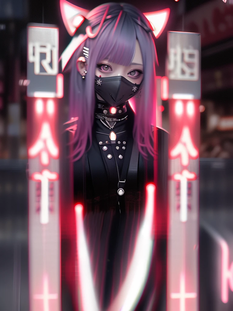 Red-haired、goth_punk, 1girl in, solo, medium shot, Walking in Harajuku, ((during night)), bokeh dof, Neon light, Iridescent eyes, starrysky, Red glowing hair, White eyebrows, Radiant hair, (iridescent white hair), earrings, bangss, jewely, masks, bluntbangs, verd s eyes, Mouth mask, blurry backround, bblurry, hair adornments, Look at viewers, shorth hair, portraitures, side locks