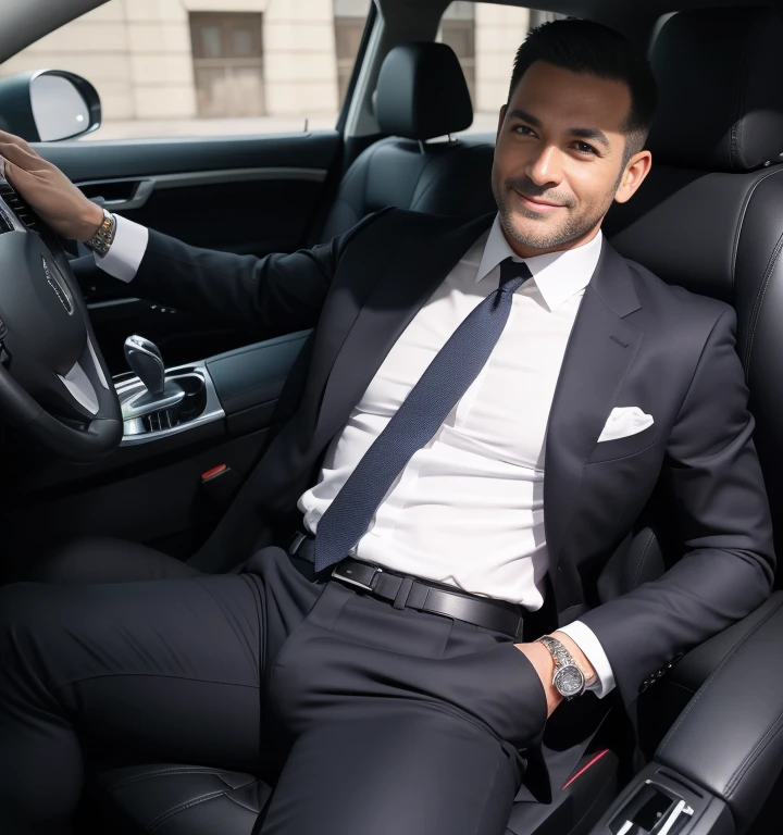 40 years old,One Man,Black Suit,Inside the car、mafia、legs wide open、The crotch area of the pants is bulging,bulging、MusclesMuscles,Gay ,Short Hair,Short Hair、all back、Stubble,Turk、Handsome Dad,Hermes Belt、chest hair、smile