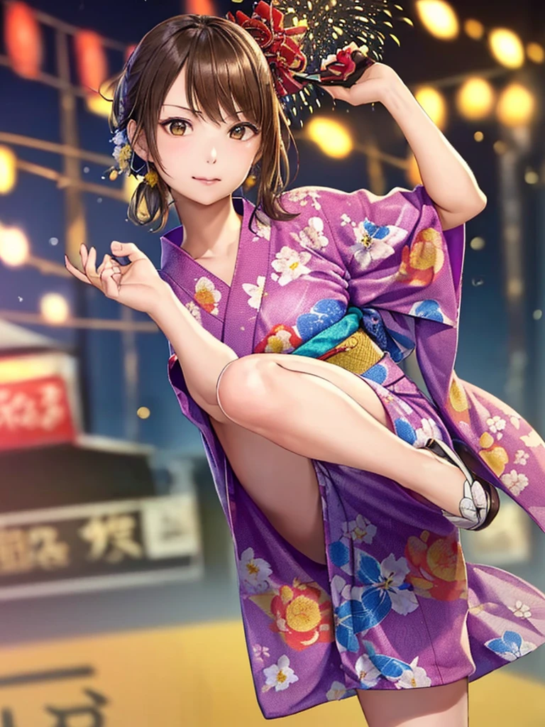 (Highest quality、8k、32K、masterpiece)、(Realistic)、(Realistic:1.2)、(High resolution)、Very detailed、Very beautiful face and eyes、(((Women's Solo Shot)))、Tight waist、(Highest quality、Attention to detail、Rich skin detail)、(Highest quality、8k、Oil paints:1.2)、(Realistic、Realistic:1.37)、Bright colors、(((Cowboy Shot)))、(((Bob Hair)))、(((Medium Hair)))、(((Side Ponytail)))、(((I'm a little angry)))、(((Brown Hair)))、(((She is wearing a yukata with a fireworks pattern.)))、(((Red and yellow yukata)))、(((Summer Festival at Night)))、(((Arms crossed、Standing with your legs apart、)))、(((crowd)))、(((Lined with food stalls)))