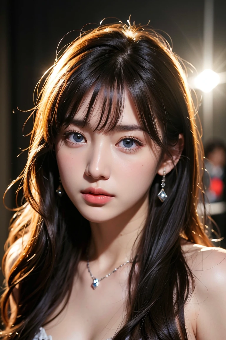Maintain this face and pose image:1.5、Pale face and eyes:1.3、細いPale face and eyes:1.3, blue eyes:1.3、{RAW shooting、4k, 8k, highest quality}, {{Masterpiece}}, {Very delicate and beautiful}, Outstanding light and shadow, Highly detailed wallpaper, Sunny and bright sunlight, whole body, whole body、 1 girl, , blush:1.2、Shaggy light brown long hair:1.3, Strong sunlight, Delicate Hair,Realistic skin texture, B cup breasts、valley, Fresh, Young Skin, Visible wrinkles on the skin., Broad shoulders:1.4, ((A strong light shines on your face:1.5)), Take dynamic poses:1.5, necklace、ring、Earrings、(front focus), (in the dark:1.6), Surrealist portraits of women by David Hockney and Alphonse Mucha, fantasy art, photo-realistic, dynamic lighting, art station, poster, volume lighting, highly detailed face, 4K, Awards, 1 girl, in the dark, deep shadow, discreet key, cowboy shot, (official attire:1.4), long hair, color々angle, color々expression