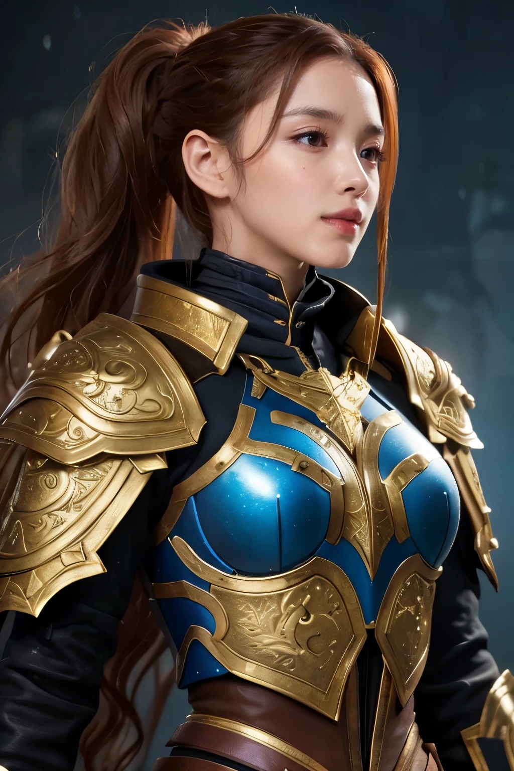 a woman in a full-body armored suit covered in gold, wearing intricate, tattered leather armor, extremely detailed CG, 8k wallpaper, photorealistic, highly detailed face and eyes, long wavy red hair in a high ponytail, small blue highlights, gothic fantasy art, conceptual art, artstation, masterpiece, best quality, 8k, hyper detailed, vivid colors, dramatic lighting長い髪, One girl, High resolution, ponytail, Multiview, Highest quality,