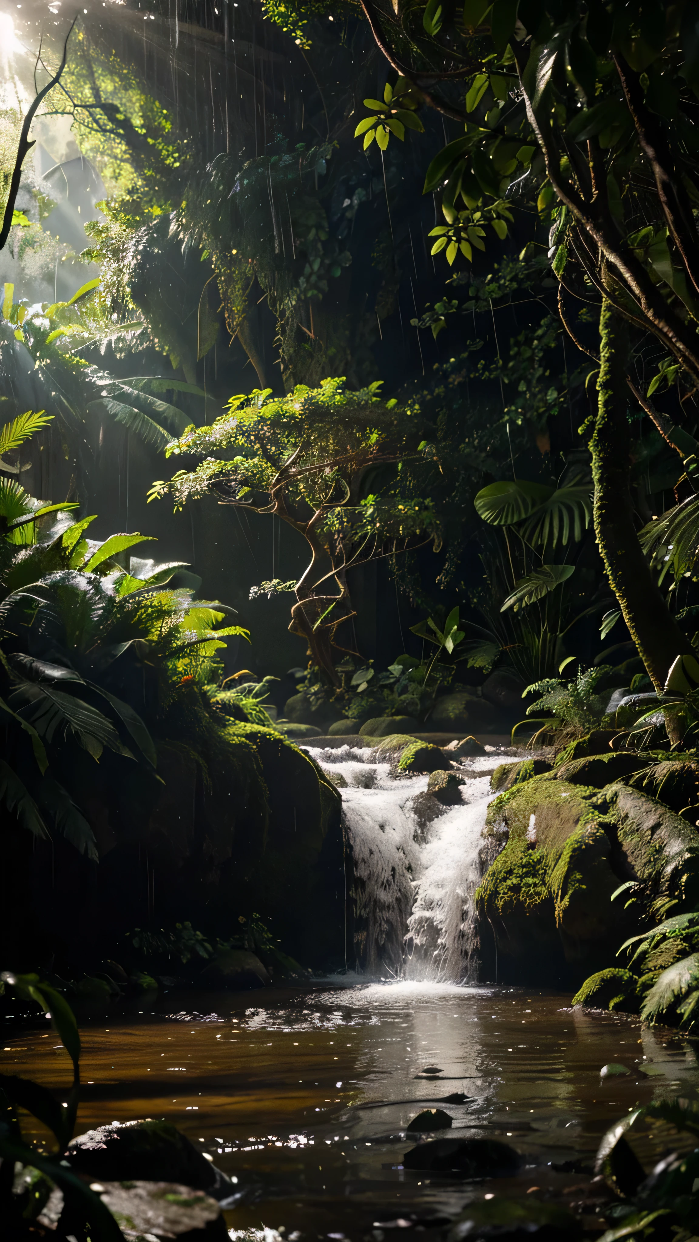 rain forest with sunlight goes in between the plant, it also have a river inside the rain forest