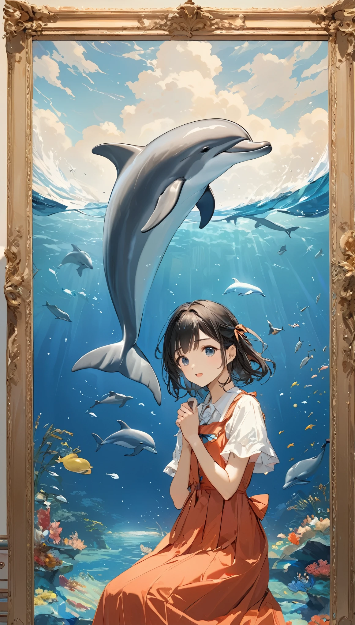 (masterpiece:1.2),Amazingly absurd,number々Awards for,Works by famous artists,Dolphin and girl、A dolphin appears from the girl&#39;s right、3dart,Digital Art,In the water,Works with a sense of transparency
