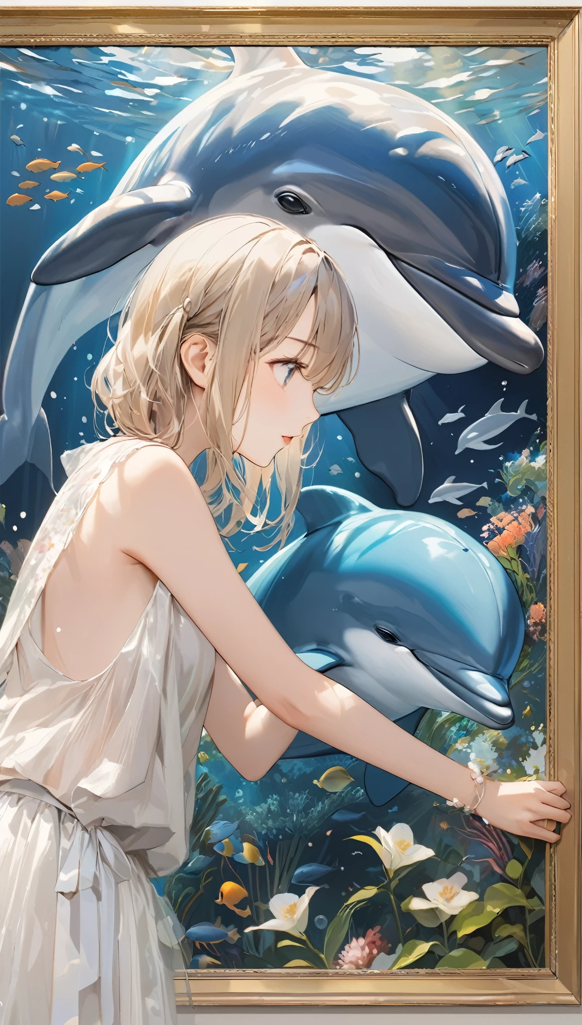 (masterpiece:1.2),Amazingly absurd,number々Awards for,Works by famous artists,Dolphin and girl、A dolphin appears from the girl's right、3dart,Digital Art,In the water,Works with a sense of transparency