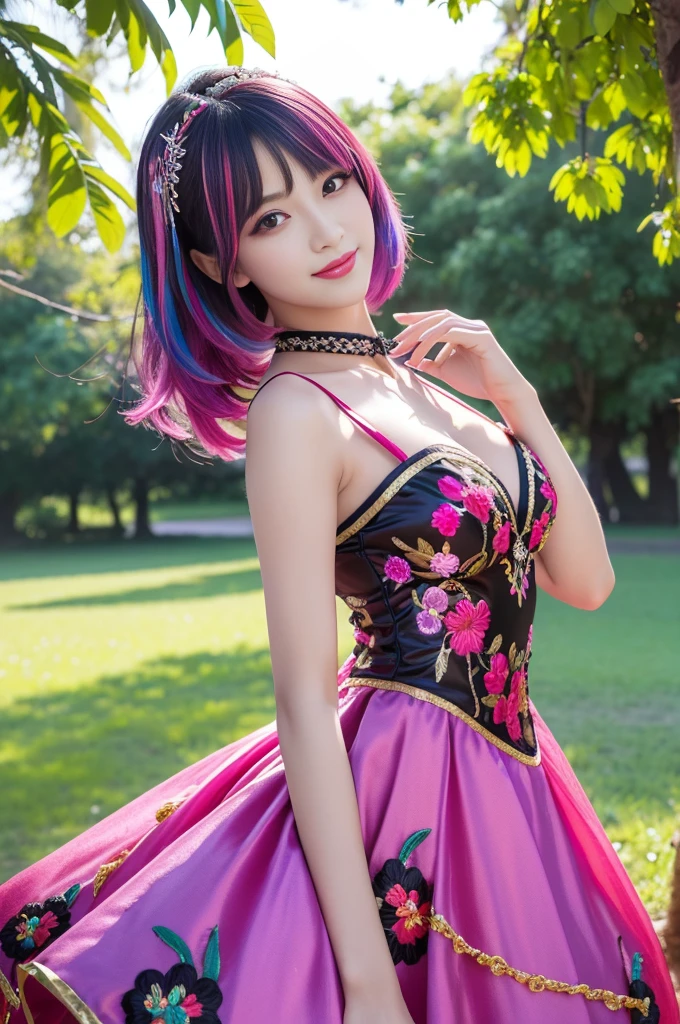 (masterpiece:1.4), (best quality:1.4), ultra high res, ultra high resolution, ((detailed facial features)), HDR, (realistic, photorealistic, photo-realistic:1.37), full body Esbian, sexy Thai model, (-anime), only 1 model, vivid colors, ((vivid colors multicolor (fuchsia, pink, light purple) very short hair)), beautiful smile, lip-gloss, long lashes, defined eyebrows, wearing large sparkling colorful jewelery, wearing a red silk Paradise Kiss cosplay dress with black floral embroidery, ((vivid colors outfit)), vivid colors, look at the camera, cinematic light, large park background with trees, sweet and sexy pose