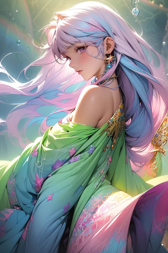 (masterpiece, top quality, best quality,watercolor (medium),official art, beautiful and aesthetic:1.2),(1girl:1.3), (fractal art:1.3),upper body, from side, looking at viewer,patterns,(rainbow color Hair,colorful hair,half blue and half pink hair:1.2),water,liquid, cloud,colorful, starry,stars,