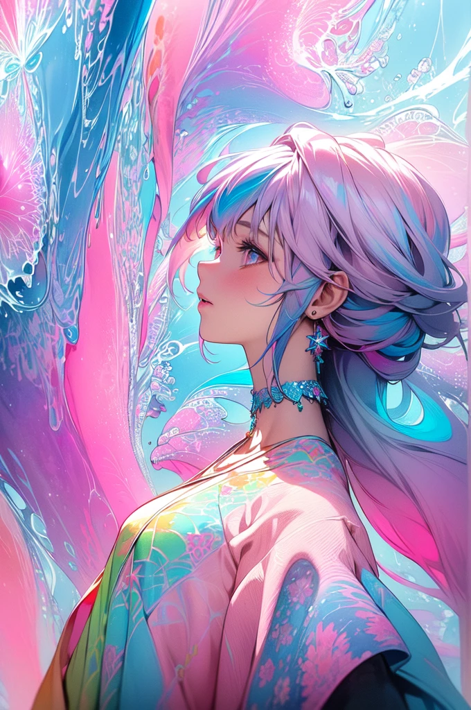 (masterpiece, top quality, best quality,watercolor (medium),official art, beautiful and aesthetic:1.2),(1girl:1.3), (fractal art:1.3),upper body, from side, looking at viewer,patterns,(rainbow color Hair,colorful hair,half blue and half pink hair:1.2),water,liquid, cloud,colorful, starry,stars,