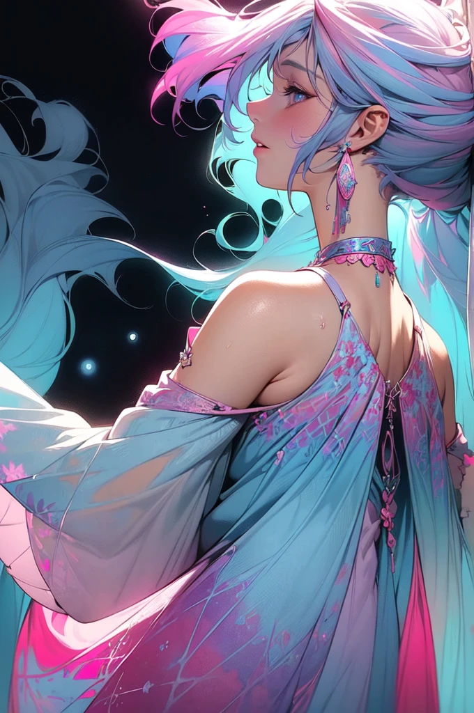 (masterpiece, top quality, best quality,watercolor (medium),official art, beautiful and aesthetic:1.2),(1girl:1.3), (fractal art:1.3),upper body, from side, looking at viewer,patterns,(rainbow color Hair,colorful hair,half blue and half pink hair:1.2),water,liquid, cloud,colorful, starry,stars,