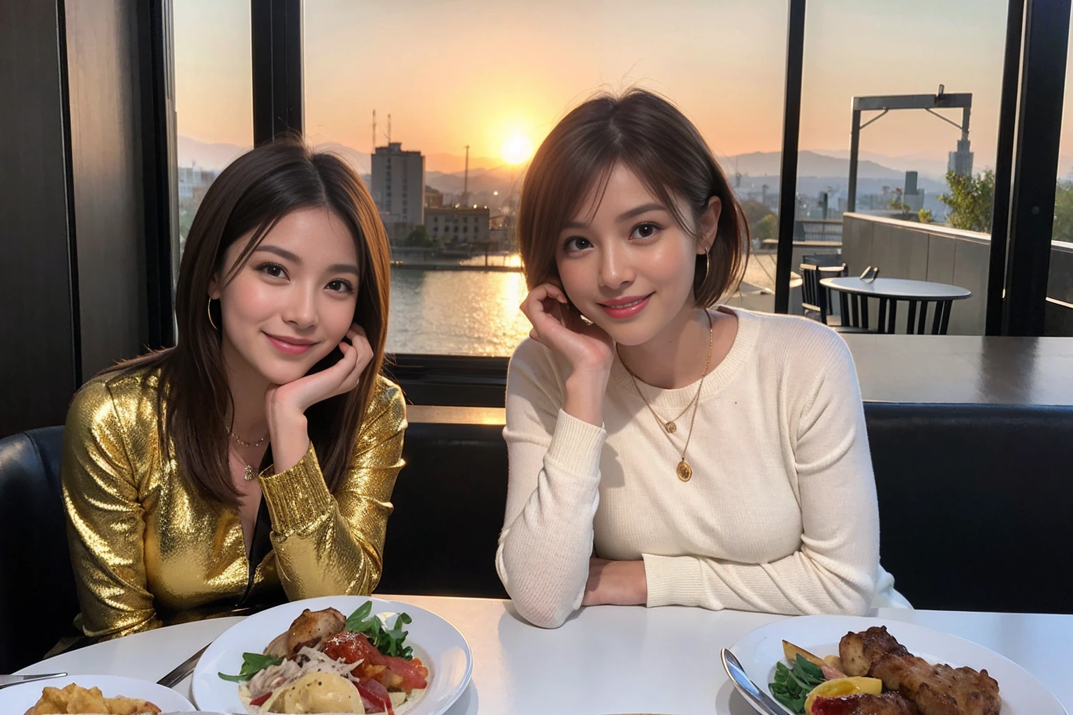 (Realistic:1.1),(masterpiece,Highest quality),8k,(40 years old), 44 years old, slimカップル、Model Couple、actress/actor、Tight waist,Upper Body,full-course dinner、wine 、Amazing view of the sunset sky and clouds、Perfect Anatomy, Brown Hair, short hair,Random Hairstyles,((Highly detailed face and eyes:1.2))(cute顔:1.4),美しいactressの顔,Perfect golden ratio face,Long sleeve shirt、dress,(smile:1.2)、Shortcuts、cute、(Realistic, Intricate details:1.2), A bright smile、short hair,Bright Face、赤wine 、Appetizers、Italian food、wine bottle、Champagne、スパークリングwine、(slimな顔), (The body is slim), (Brown Hair), (Shortcuts), Upper Body, 白wine, slim, wineグラス,